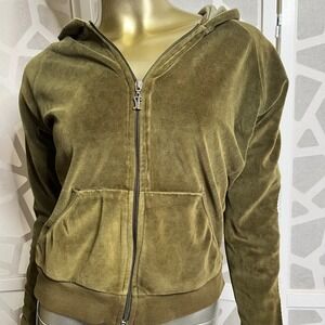VTG Sam Edelman Olive Green Velour Zip Up Hoodie Womens Small Y2K SE Zipper 00s